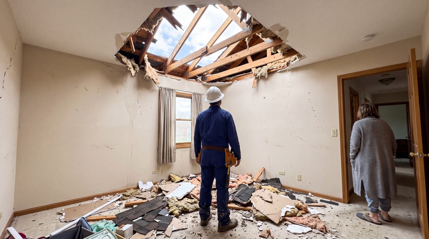 A suburban room with the roof torn open by a storm