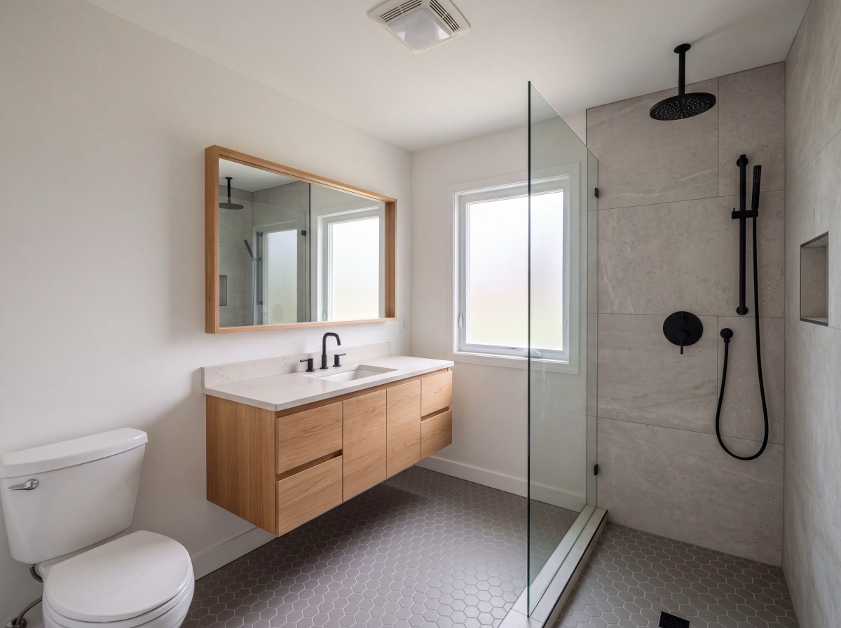 A completed bathroom renovation with tiled shower and oak vanity