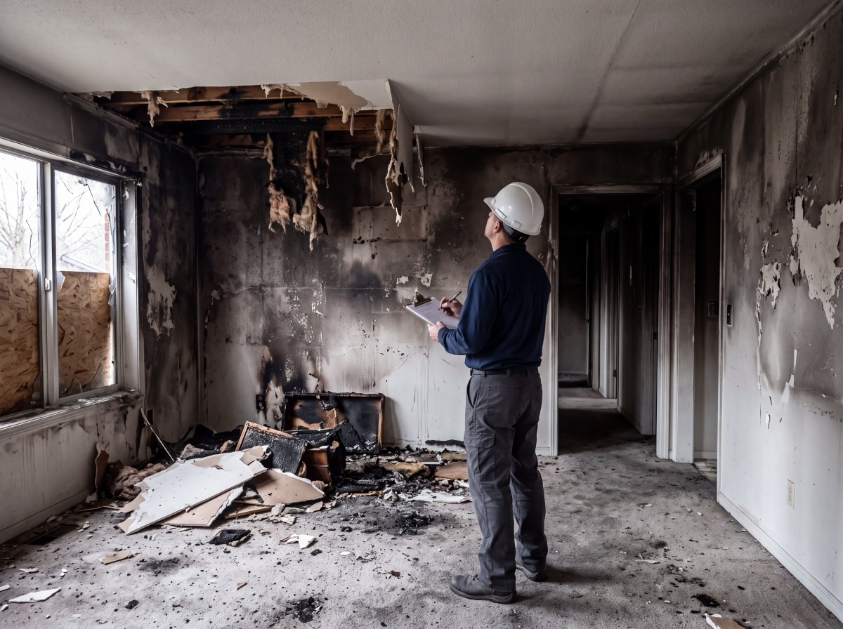A contractor writing on a clipboard in a fire damaged room